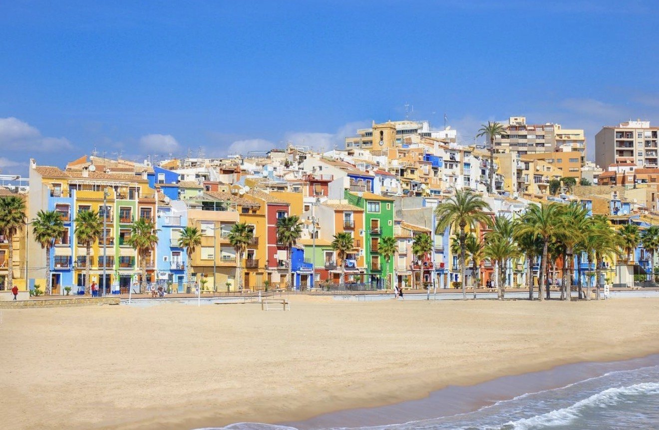 The rainbow-coloured fishermen's houses and palm trees along the beach at Villajoyosa